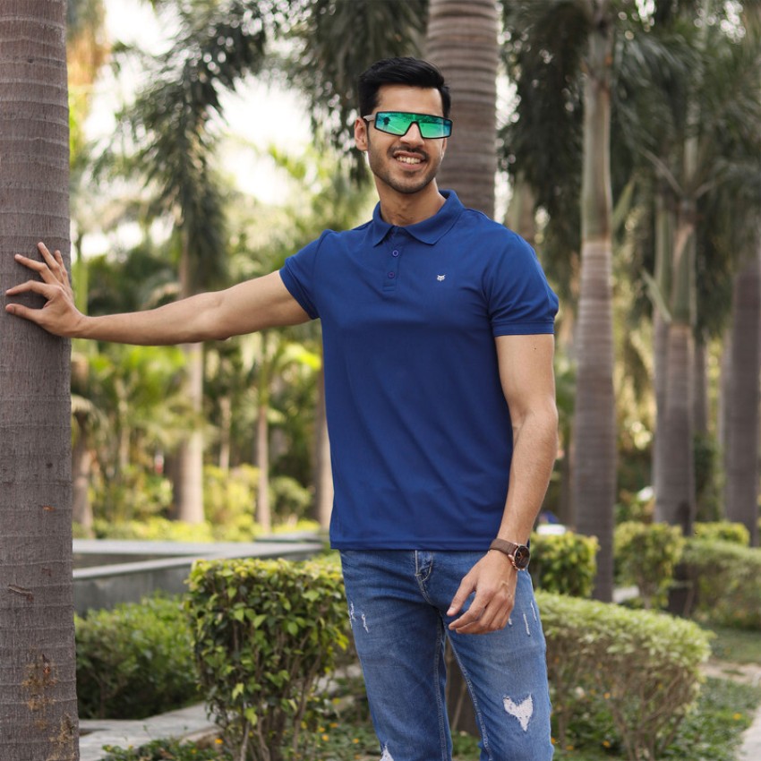 Men Blue Solid Polo Neck T-shirt