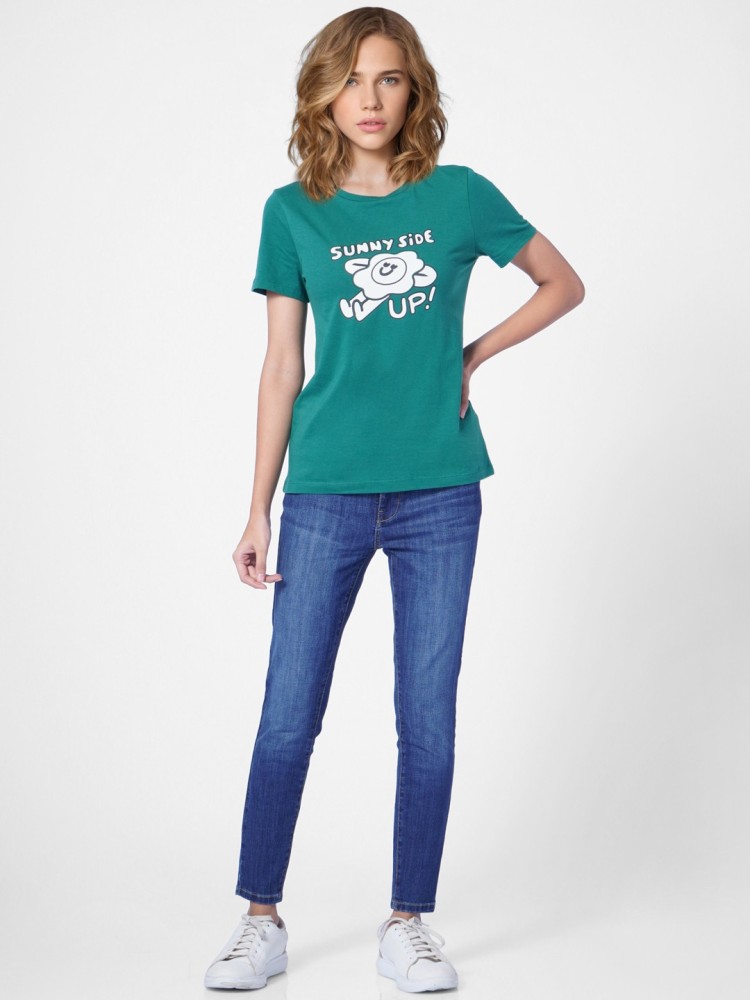 ONLY Printed Women Round Neck Green T-Shirt - Buy ONLY Printed Women Round  Neck Green T-Shirt Online at Best Prices in India