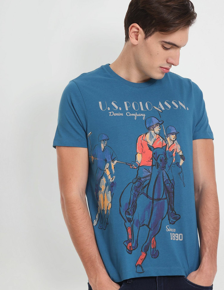 U.S. Polo Assn. Denim Co. Printed Men Round Neck Blue T Shirt