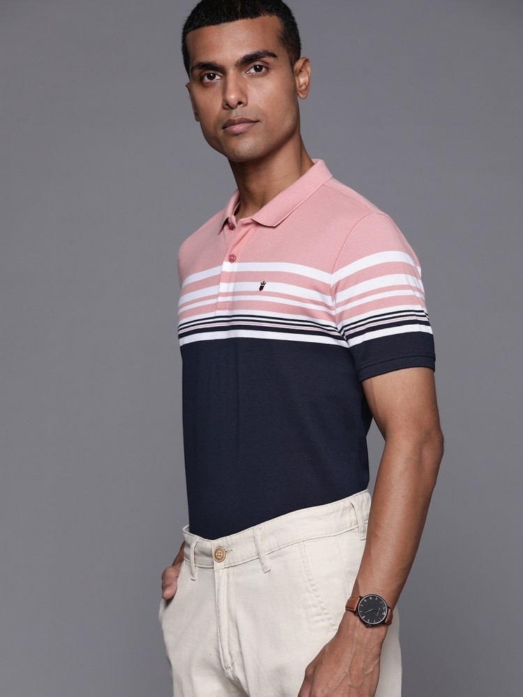 Louis Philippe Sport Striped Men Polo Neck Navy Blue, Pink T-Shirt