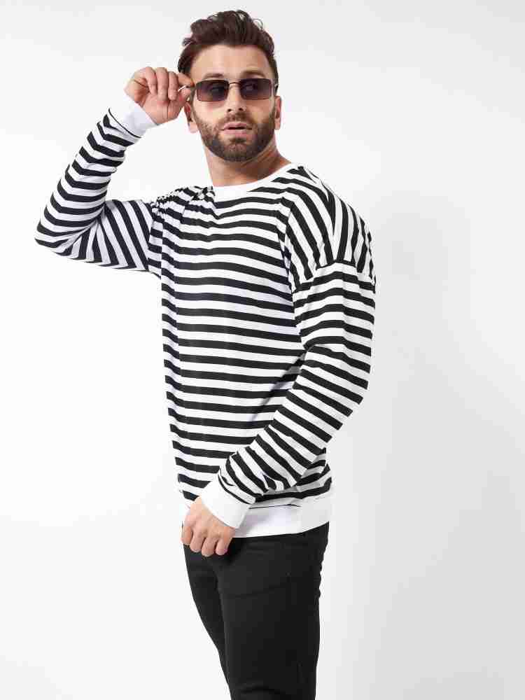 Zbrandy Mens Striped Shirt Wide Stripes Long Sleeve Crew Neck Tees Black  and White M