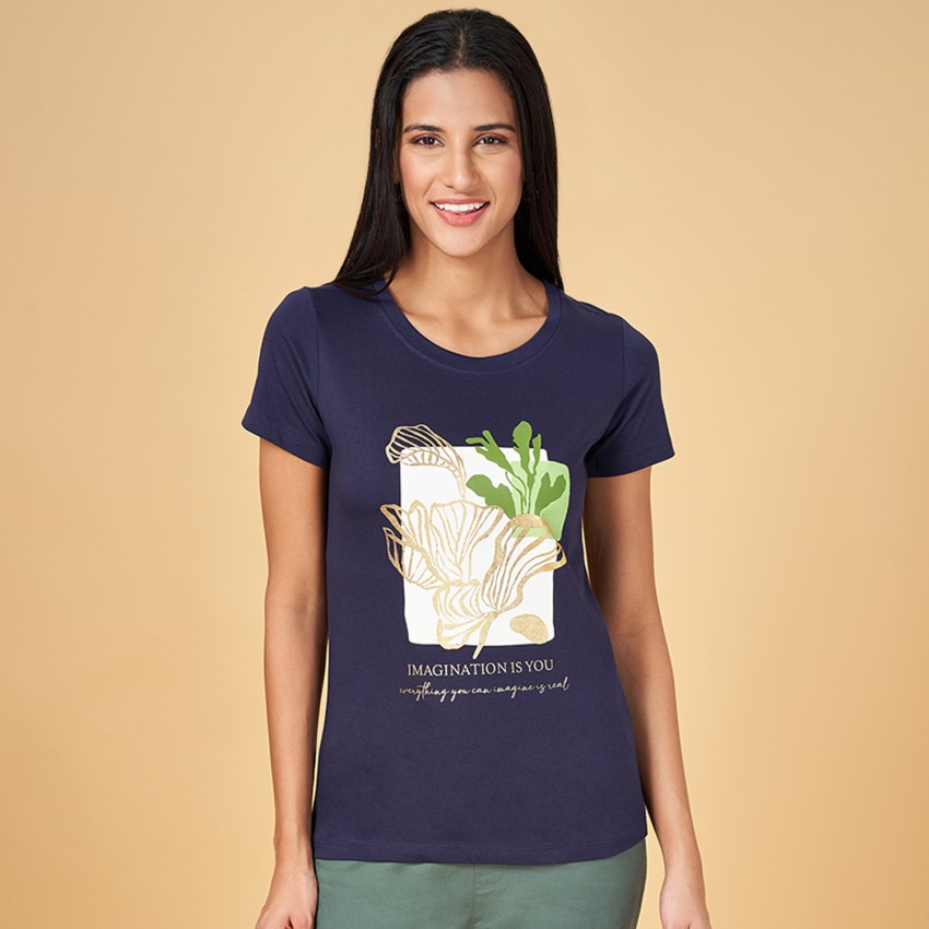 Buy Honey By Pantaloons Women Navy Blue Printed Round Neck Pure Cotton T  Shirt - Tshirts for Women 14071014