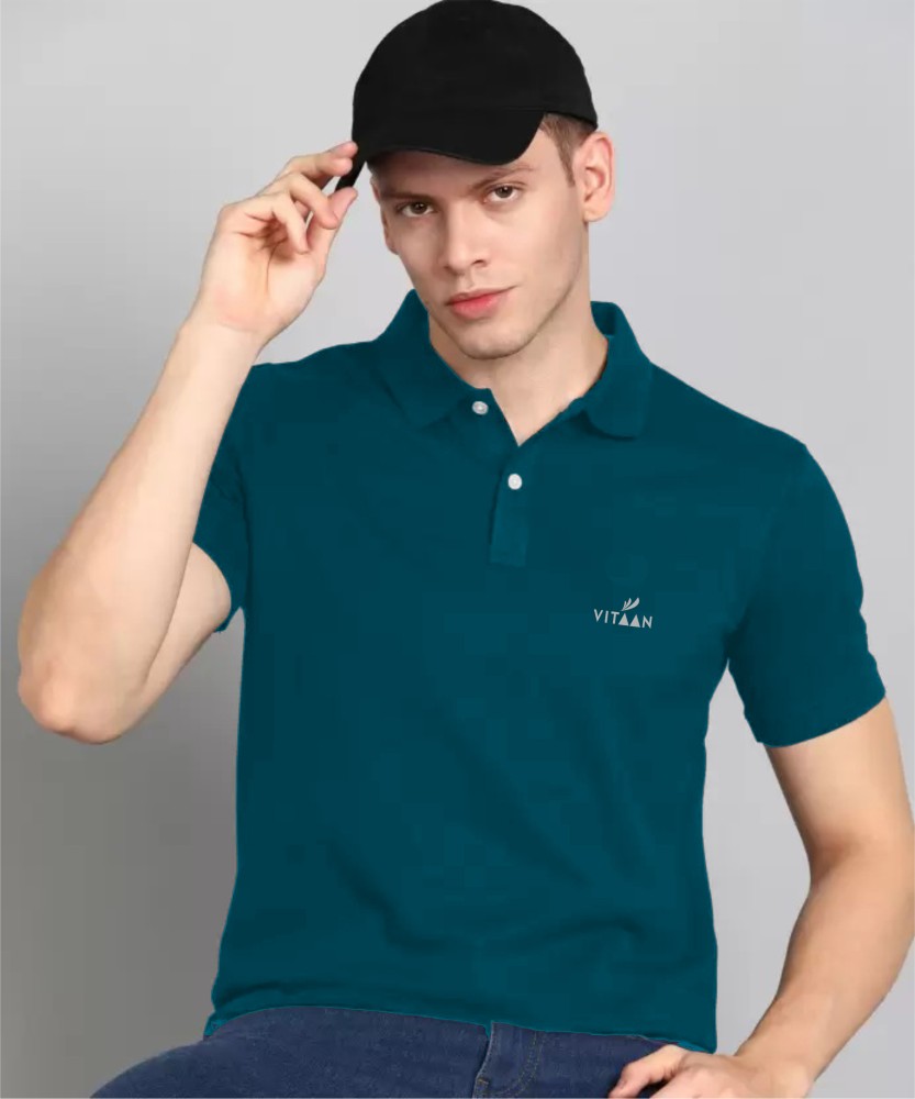 Vitaan Solid Men Polo Neck Blue T-Shirt - Buy Vitaan Solid Men