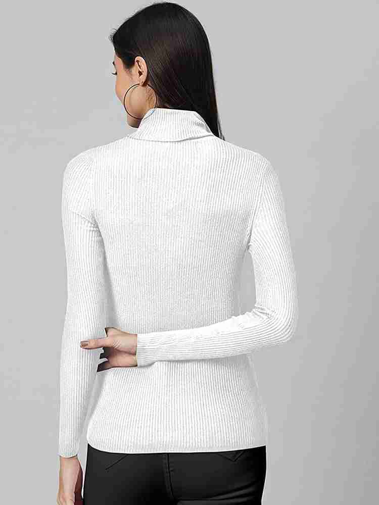 Talgo Self Design Turtle Neck Casual Women White Sweater