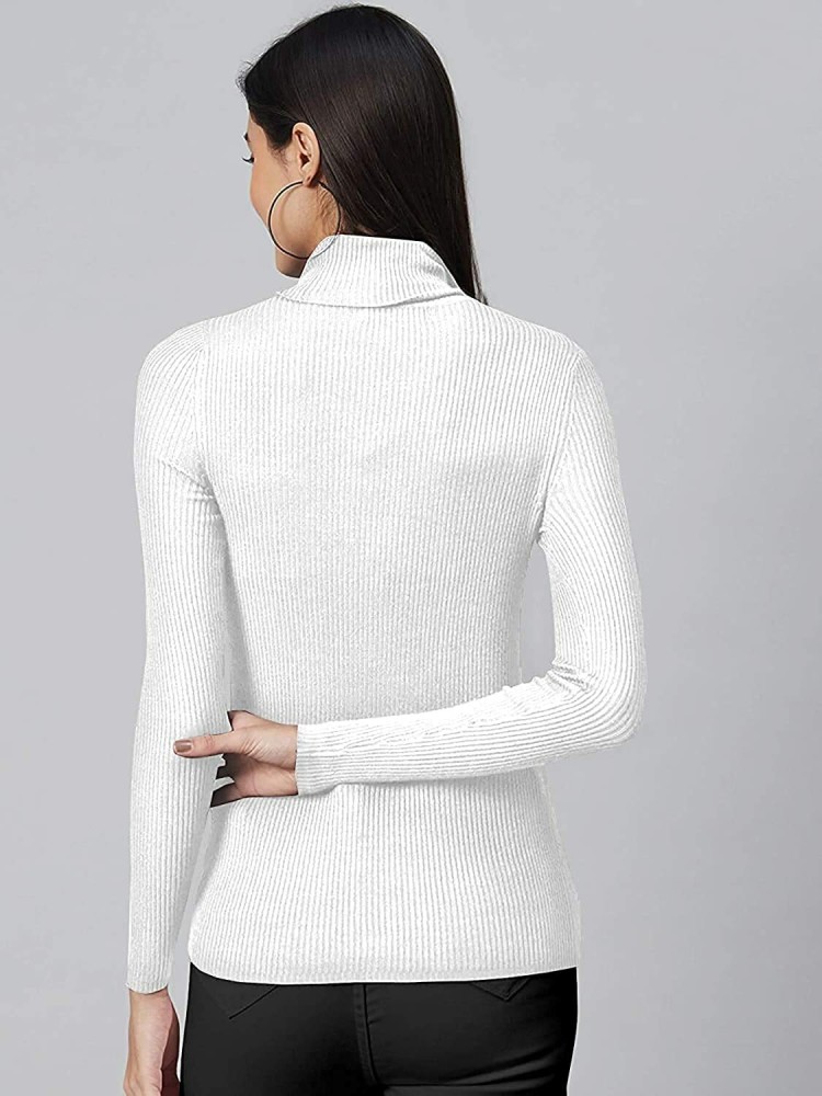 Talgo Self Design Turtle Neck Casual Women White Sweater - Buy