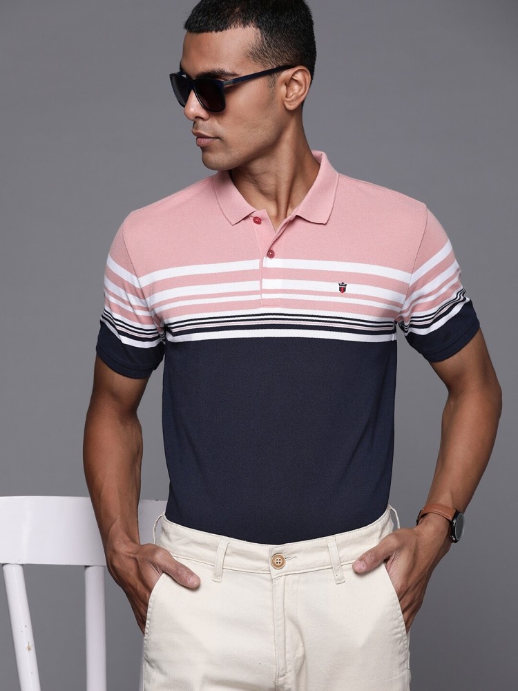 Louis Philippe Sport Striped Men Polo Neck Navy Blue, Pink T-Shirt