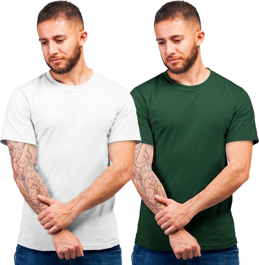 Everquirk Solid Men Round Neck White, Green T-Shirt - Buy Everquirk Solid  Men Round Neck White, Green T-Shirt Online at Best Prices in India