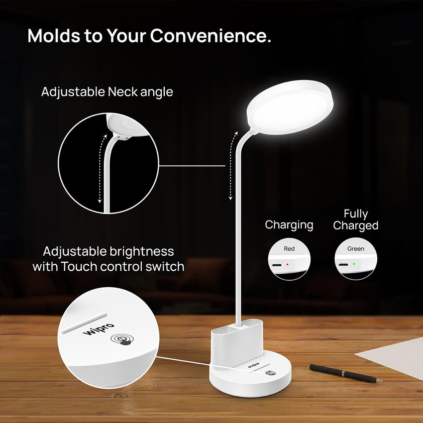Wipro 5W Rechargeable Table Lamp with Pen Stand Touch Control 3 Dim Modes Type C port Table Lamp Price in India Buy Wipro 5W Rechargeable Table Lamp with Pen Stand Touch Control 3 Dim Modes Type C