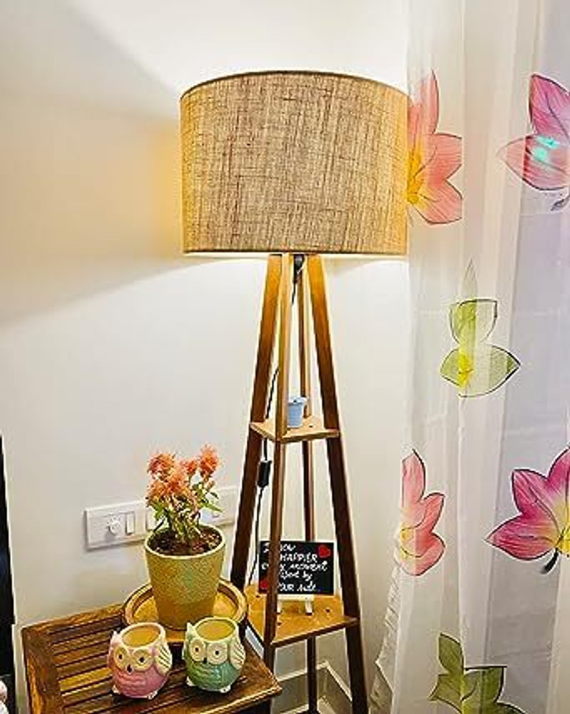 ORION ENTERPRISES Foldable Wooden Floor Lamp with 3 Tier Shelf for