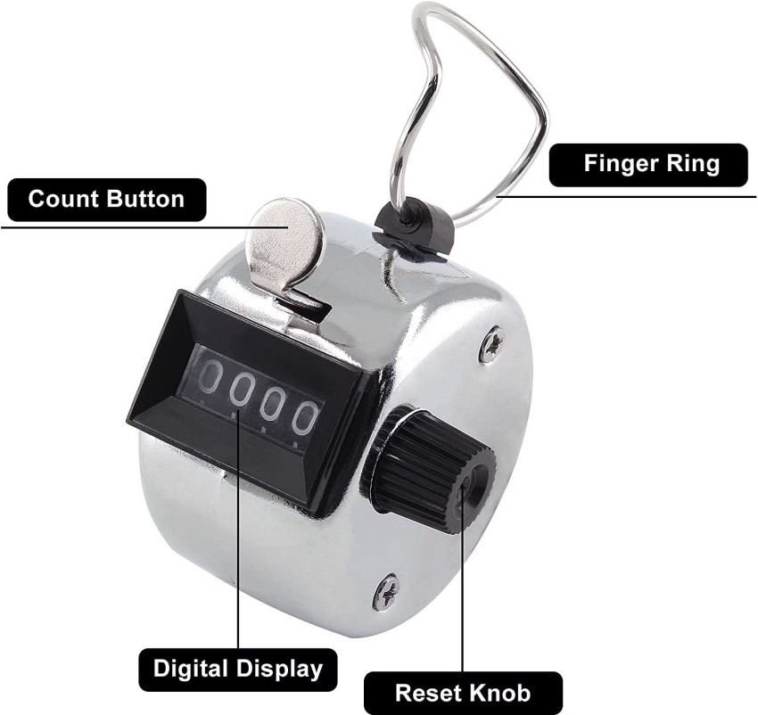  Hand Pitch Tally Counter Clicker–1 and 4 Pack METAL Handheld  People Lap Clicker Counter with 1 Lanyard and 1 Carabiner – Manual  Mechanical Silver Steel 4 Digit Number Finger Ring