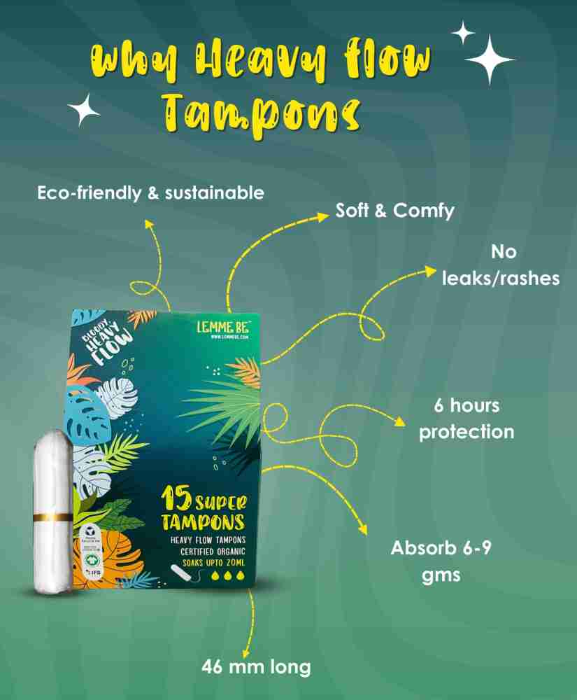 LEMME BE Heavy Flow Tampons (Box of 15) 100% Cotton Certified Biodegradable  Tampons, Buy Women Hygiene products online in India