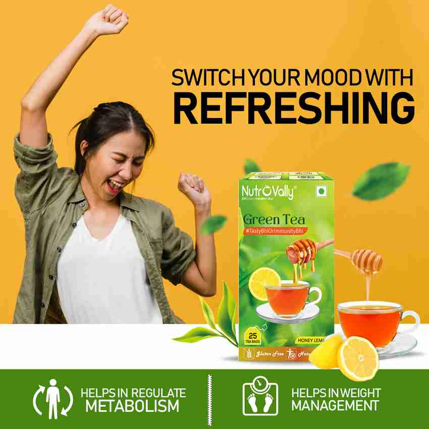 NutroVally Lemon Honey Green for weight loss with Premium green leaves Honey Lemon Green Tea Bags Box
