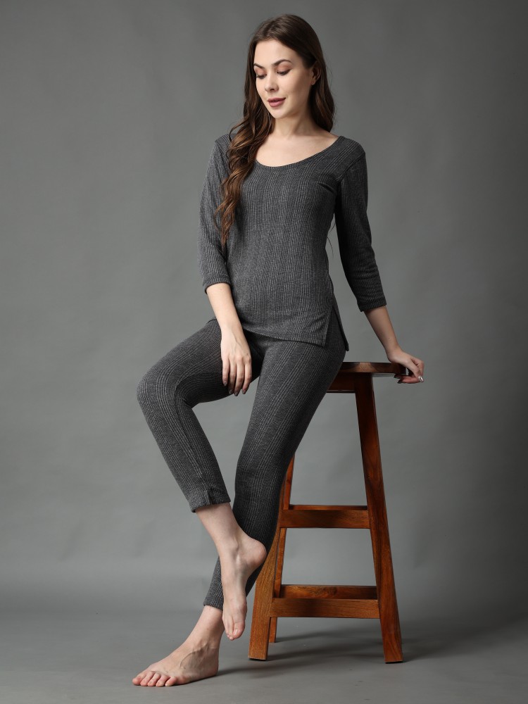 Alfa Women / Ladies / Girls Quilted Premium Winter Inner Wear Cotton Thermal  3/4 Top and Pant Set Thermal Set (Melange Grey Color)