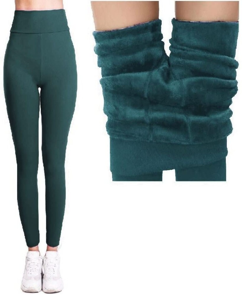 Women Warm Thick Fur Lined Fleece Winter Thermal Soft Legging Tights  Stocking - Slim Fit Fleece-Green