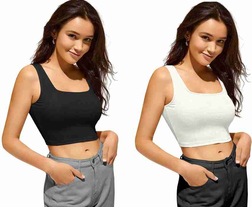 Aahwan Black Solid V-Collar Rib-Knit Crop Tops for Women's & Girls
