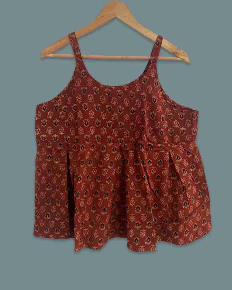 Get Ajrakh Printed Brown Sleeveless Crop Top at ₹ 999