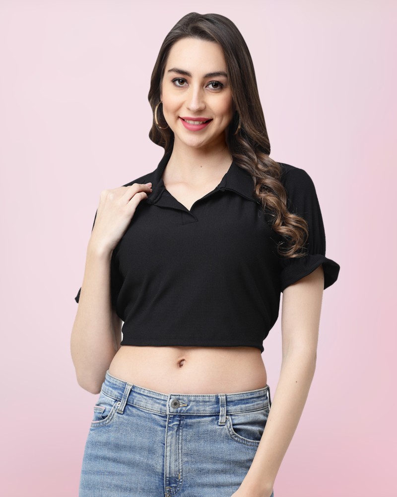 MISS AYSE Casual Solid Women Black Top - Buy MISS AYSE Casual