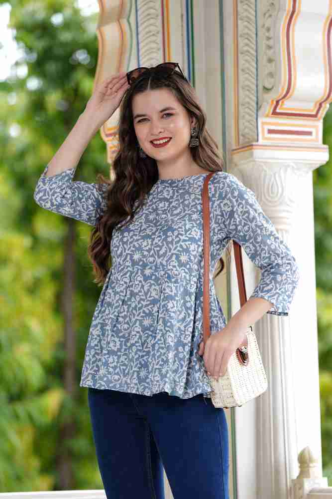 KRISHA CREATION Casual Printed Women Light Blue White Top Buy