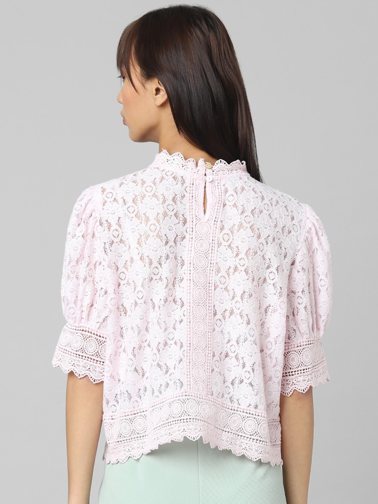 Buy REGULAR PINK PRINTED LACE DETAIL BLOUSE TOP for Women Online in India