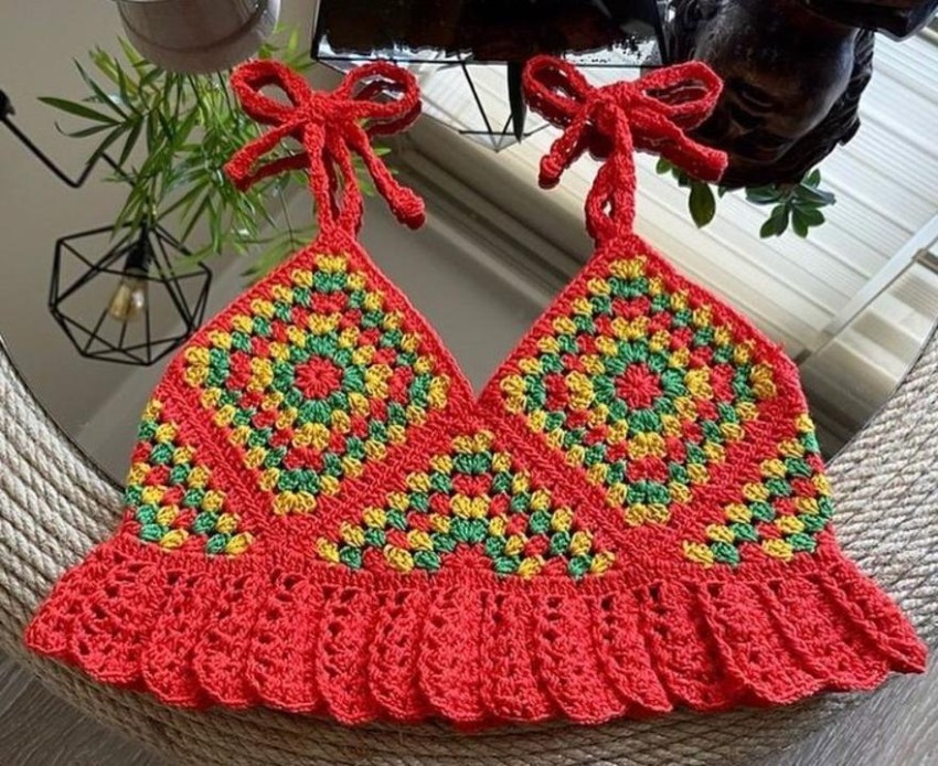Crochet handmade Beach Wear Self Design Women Red Top - Buy
