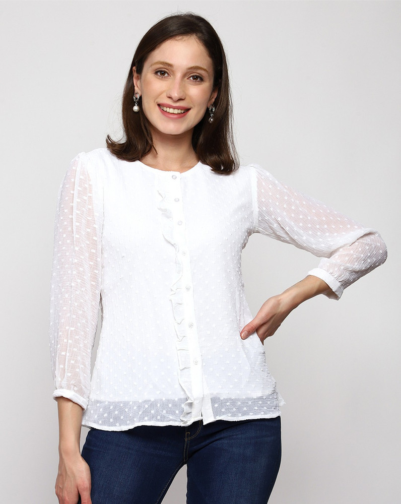 Prettify Casual Self Design Women White Top