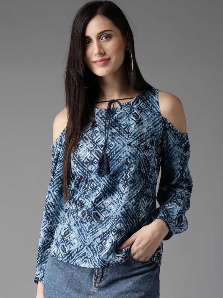 50% OFF on Harpa Women Black Printed Regular Cold Shoulder Top on Myntra