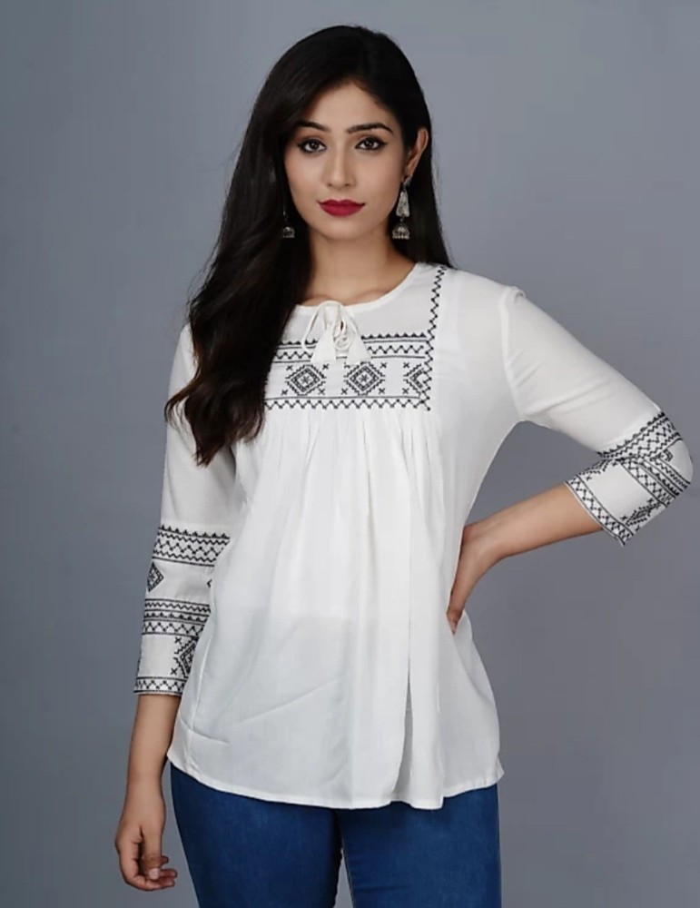 BQ Man Casual Embroidered Women White Top - Buy BQ Man Casual Embroidered  Women White Top Online at Best Prices in India
