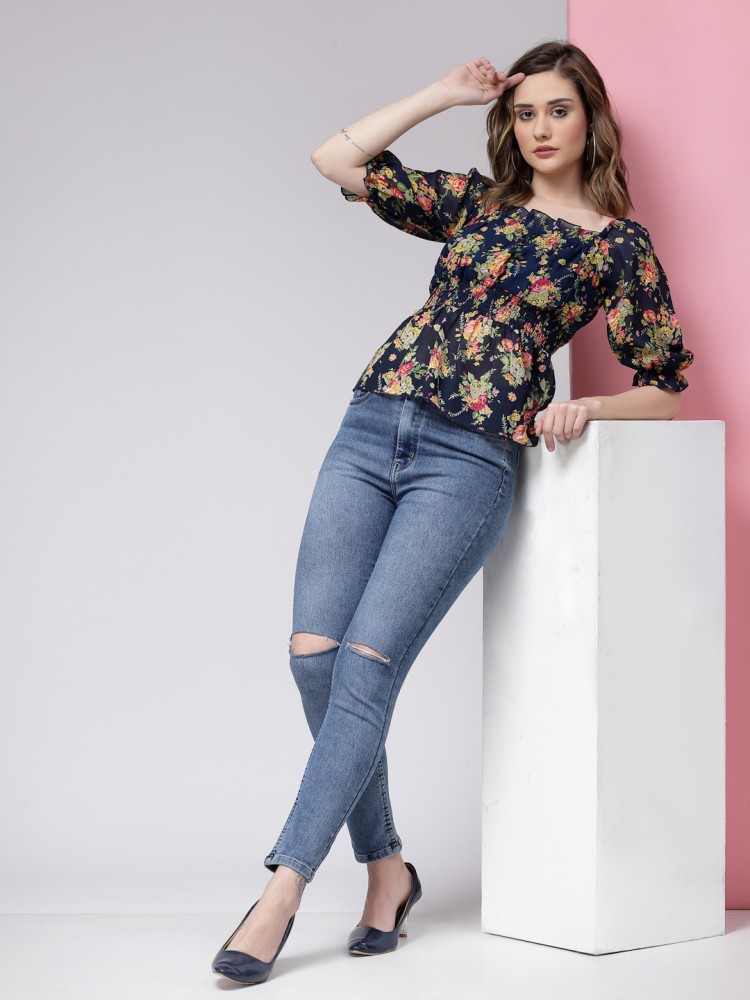 KASSUALLY Casual Puff Sleeve Floral Print Women Blue Top - Buy KASSUALLY  Casual Puff Sleeve Floral Print Women Blue Top Online at Best Prices in  India