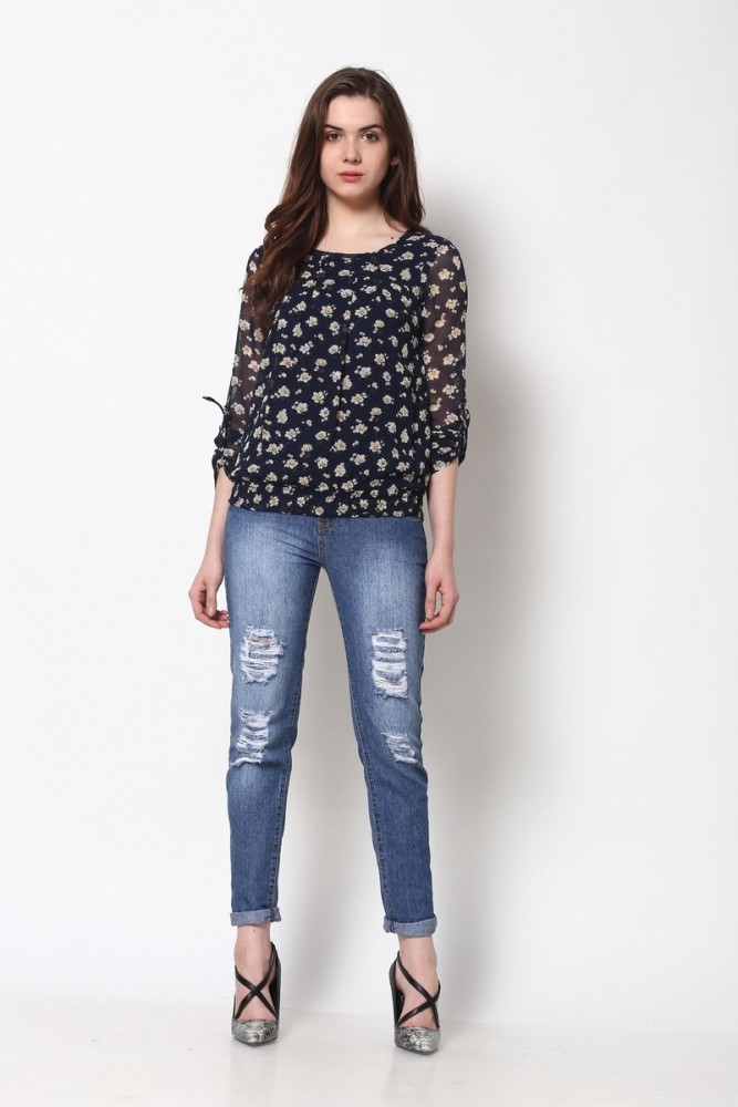 HARPA Casual Roll-up Sleeve Floral Print Women Dark Blue Top - Buy Navy  HARPA Casual Roll-up Sleeve Floral Print Women Dark Blue Top Online at Best  Prices in India