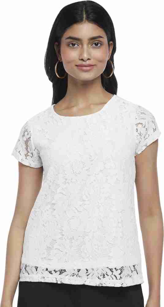 Casual Regular Sleeves Lace Women White Top
