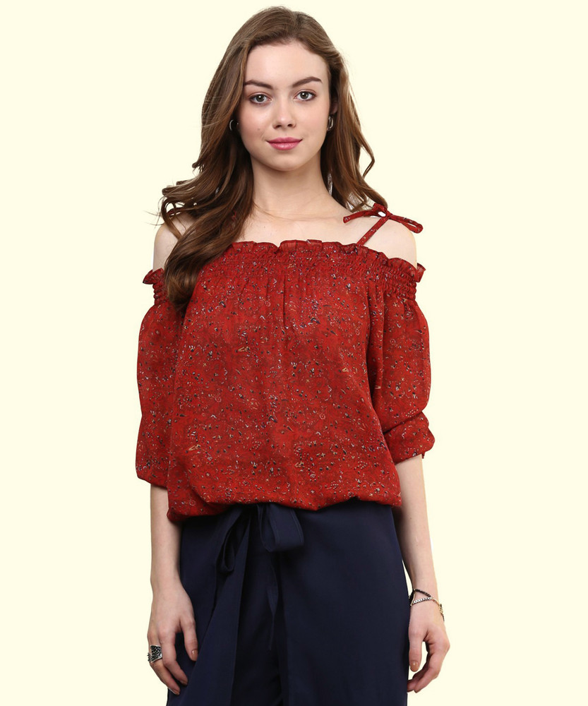 RARE Casual Cold Shoulder Printed Floral Print Women Red Top