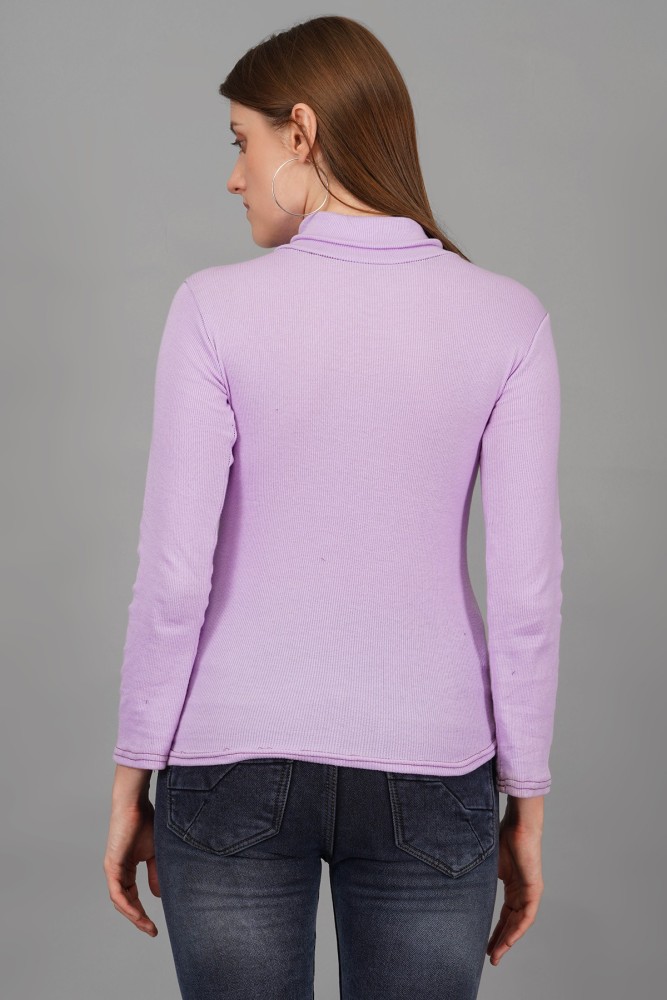 Women Light-purple Long Sleeve High Neck Pullover Casual Sweater - L