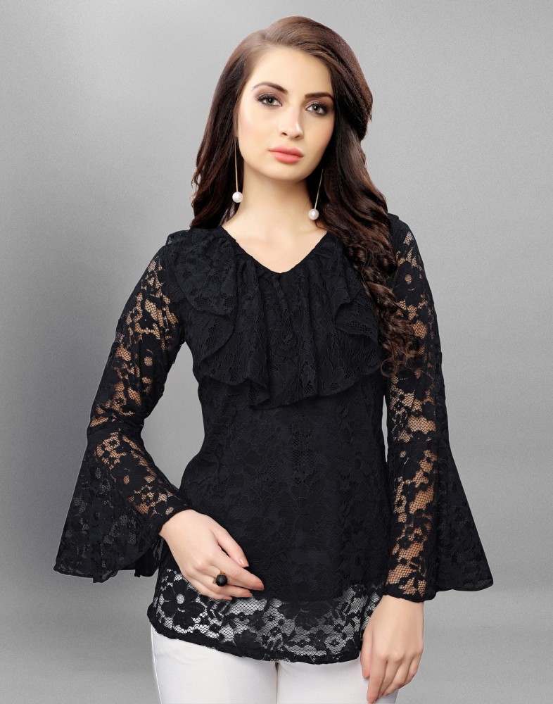 Selvia Party Bell Sleeve Self Design, Lace Women White Top - Buy