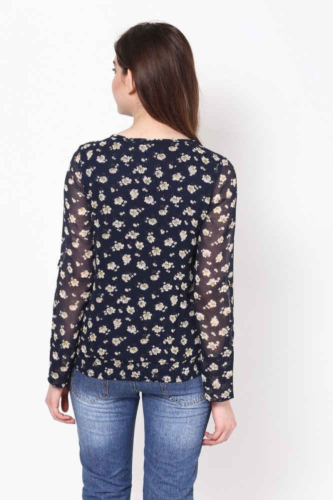 HARPA Casual Roll-up Sleeve Floral Print Women Dark Blue Top - Buy Navy  HARPA Casual Roll-up Sleeve Floral Print Women Dark Blue Top Online at Best  Prices in India