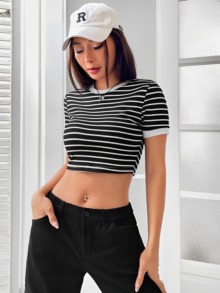 Black and white striped crop top outfit best sale