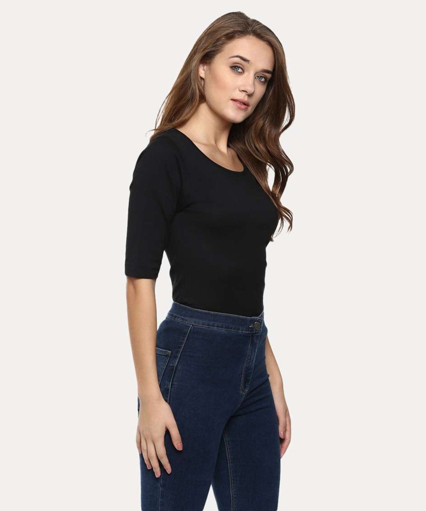 Basic Solid Stretchable Scoop Neck Long Sleeve Crop Top Black XS