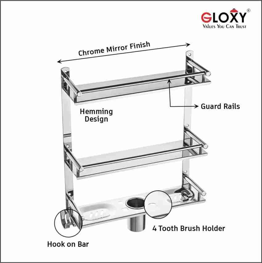 GRIVAN 3 Layer Multipurpose Bathroom Shelf with Double Soap Dish and  Tumbler Silver Towel Holder