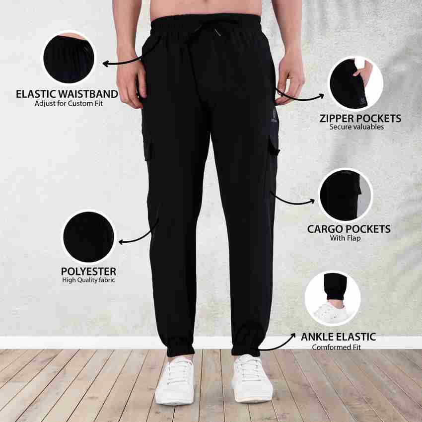 Track pants with elastic ankle outlet