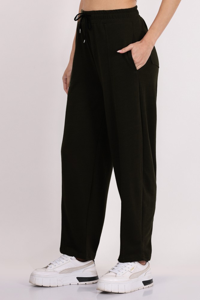 Buy KRONOS Women Solid Black and Beige Polyester Track Pants - S