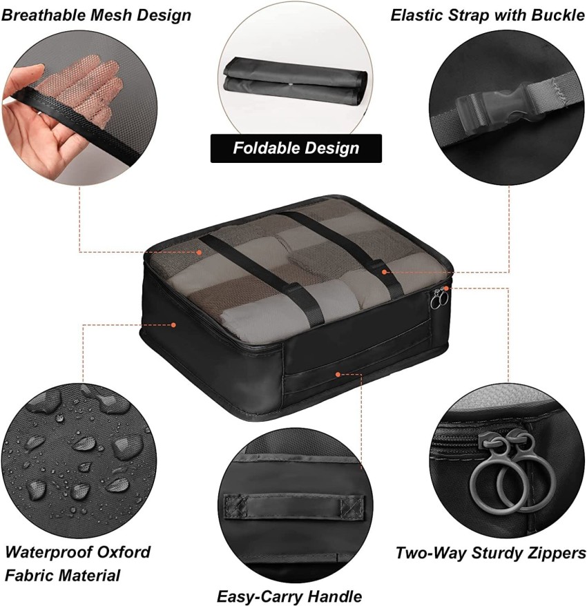 6Pcs Foldable Travel Packing Cubes, Waterproof Storage Organizer Bags Set  with Buckle and Mesh Design 