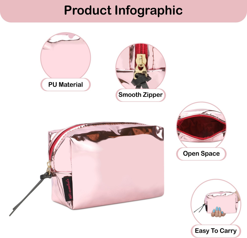 NFI essentials Metallica Glossy Makeup Pouch for Women Stylish Pouches for Makeup Accessories Storage Cosmetic Pouches Make up Bag for Girls Cosmetic Bag Gold Light Pink Price in India