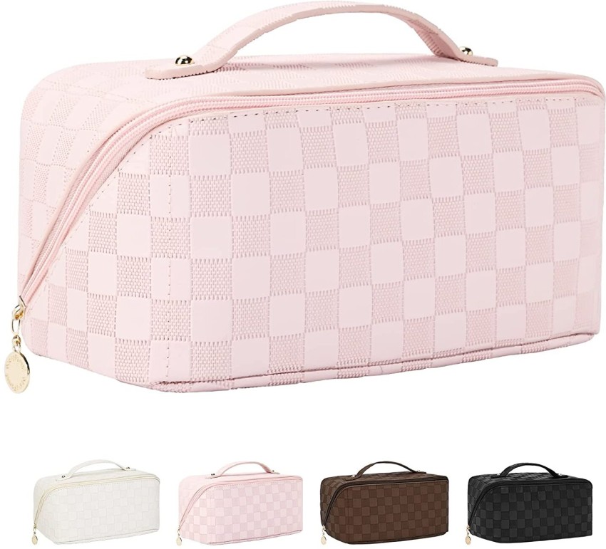 Checkered Makeup Bag, Portable Leather Large Cosmetic Bag, Large