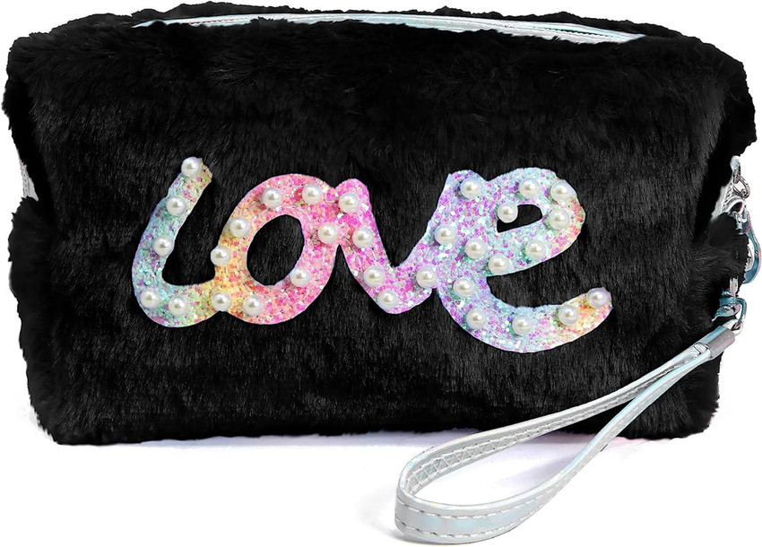 HOUSE OF QUIRK Makeup Bag for Faux Fur Purse Zipper Pouch Travel Cosmetic Bag 23X6.9X11 Cm Travel Toiletry Kit Black Price in India Flipkart