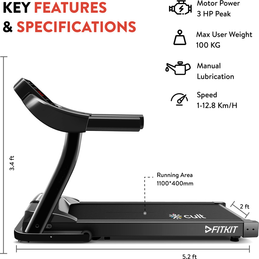 FITKIT by Cultsport FT98 Steel 3HP Peak with Max Weight 100kg Heartrate Sensor For Home Workout Treadmill