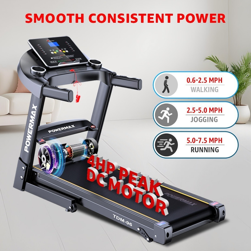 Powermax Fitness TDM 96 4HP Peak Motorized Foldable Running Machine for Home Manual Incline Treadmill