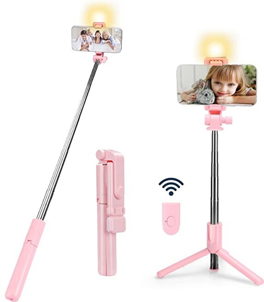 DAUMI Portable Selfie Stick with LED Ring Light Pink Tripod