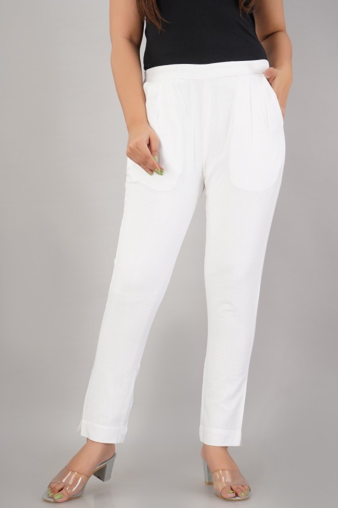 Womens White Cotton Blend Formal Trouser  Pants