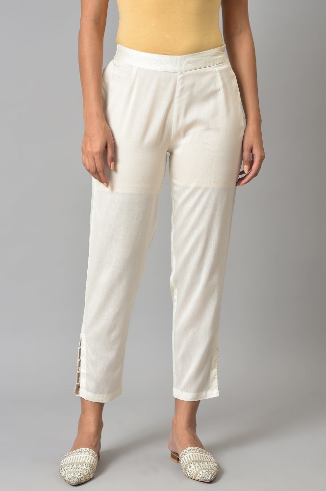 Go Colors Women Solid Ecru Viscose Mid Rise Casual Pants - Beige (L/XL)