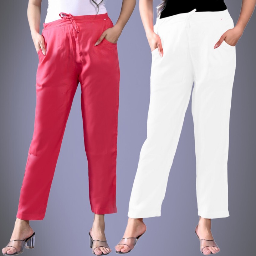 Quaclo Light Grey and Pink White Women Stripe Trouser Pants Combo