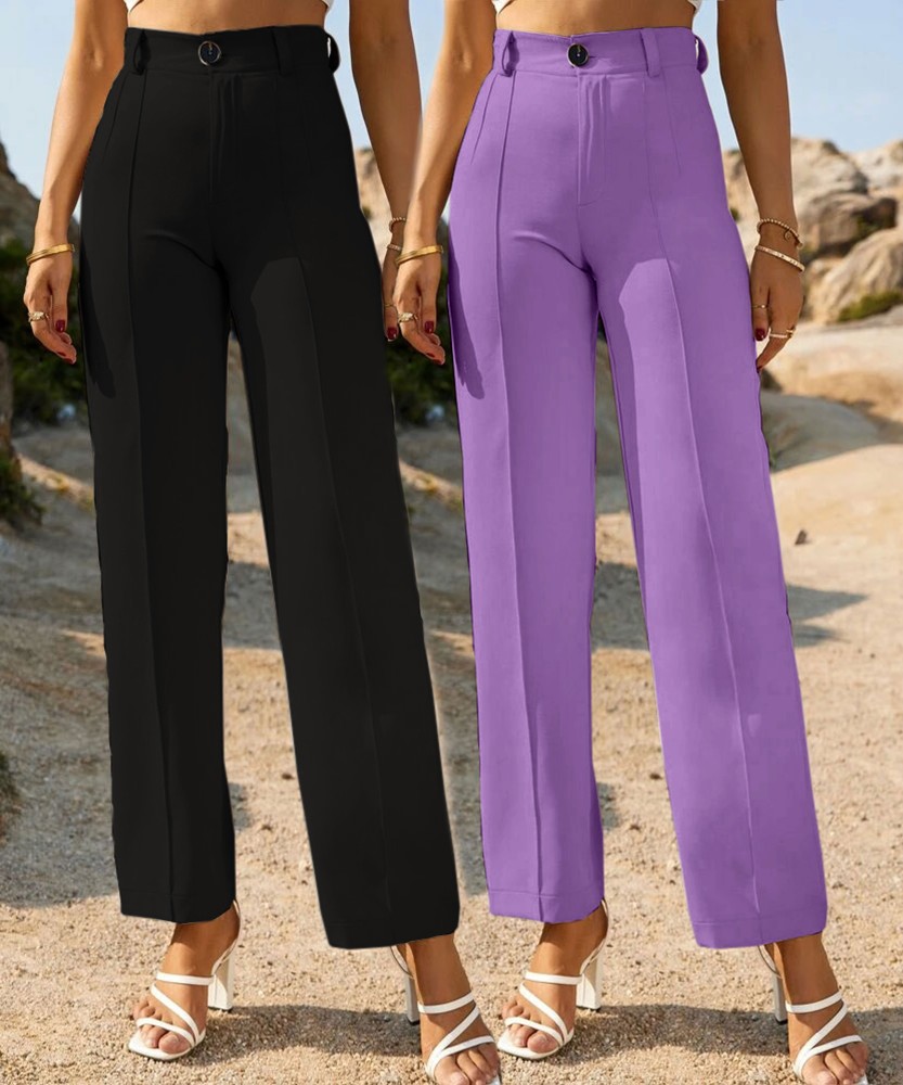 Purple Solid Wide Leg Trousers For Women